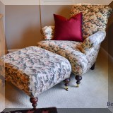 F33. Upholstered rollback chair and ottoman on casters. 36”h x 38”w x 39”d 